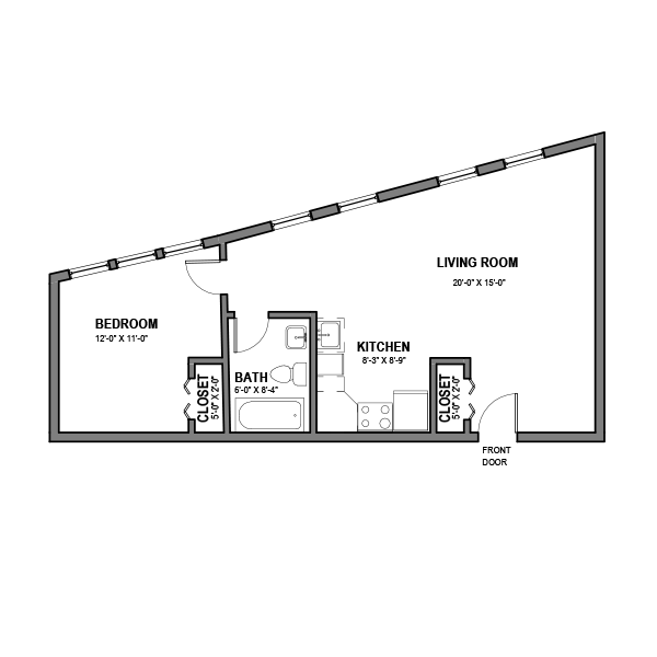 Floor plan for 1 bed, 1 bath, 625 sqft